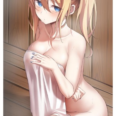 absurdres, big breasts, blonde hair, blue eyes, blue nail polish, hayasaka ai, kaguya-sama wa kokurasetai ~tensai-tachi no renai zunousen~, laan, nail polish, painted nails, sweat, tagme, towel