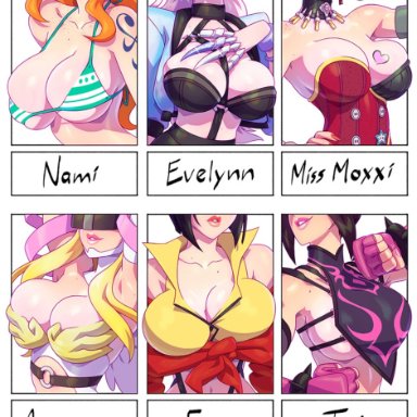 6girls, alternate costume, angewomon, big breasts, borderlands, breasts, cleavage, cowboy bebop, digimon, evelynn, faye valentine, female, female only, juri han, k/da evelynn