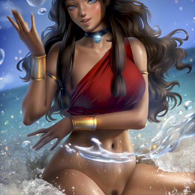 1girls, absurd res, aged up, arm under breasts, armlets, avatar the last airbender, ayyasap, bangles, bare shoulders, bathing, beach, big breasts, black hair, blue eyes, bottomless