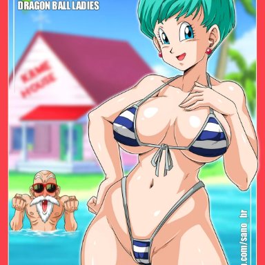 1boy, 1girl, belly, belly button, big breasts, big eyes, bikini, blue eyes, blue hair, breasts, bulma briefs, dragon ball, dragon ball super, dragon ball z, female