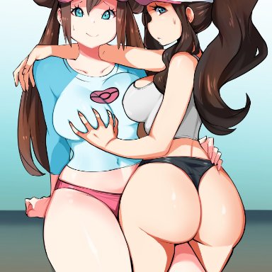 2girls, ass, big ass, big breasts, blue eyes, breasts, brown hair, cap, double bun, female, hat, hilda (pokemon), large ass, nintendo, pokemon