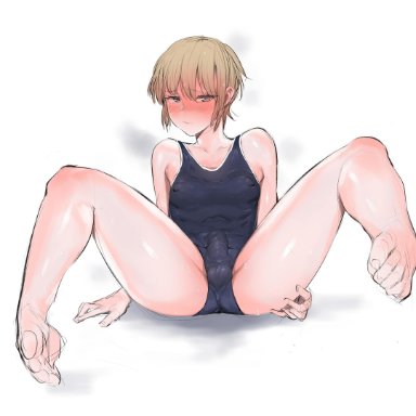 1boy, blonde hair, blush, bulge, closed mouth, commentary request, covered nipples, femboy, highres, konery (reasonyou), looking at viewer, m legs, male focus, nose blush, one-piece swimsuit