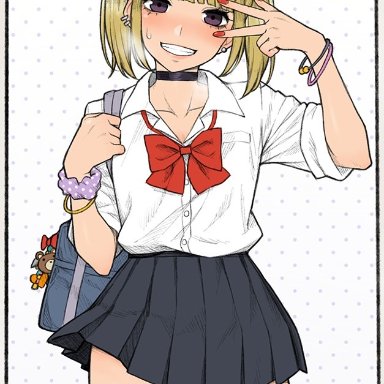 1boy, blonde hair, blush, censored, choker, clothed, clothing, femboy, gyaru, hair ornament, human, male, male only, mosaic censoring, mostly clothed