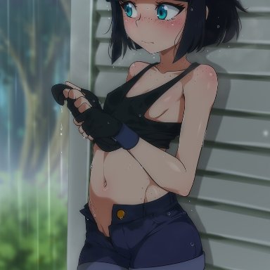 1girl, aqua eyes, belly, blush, breasts, female, freckles, jcm2, kasia mikolajczyk, nintendo, no bra, open fly, pokemon, rain, short hair