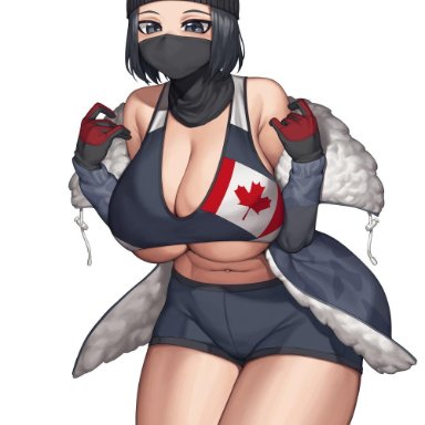 1girls, beanie, big breasts, blush, breasts, canada, canadian, cinko, cleavage, dark hair, frost (r6s), gloves, gray eyes, large breasts, mask