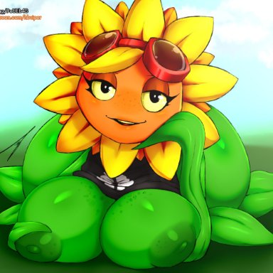 areolae, artist signature, ass, big ass, big breasts, black eyes, breasts, female, flora fauna, flower, freckles, goggles, goggles on head, green skin, hand on breast