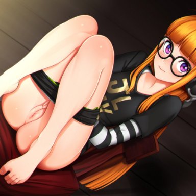 atlus, covering crotch, feet, female, glasses, headphones, highres, legs together, masturbation, neocoill, orange hair, persona 5, purple eyes, pussy, pussy juice