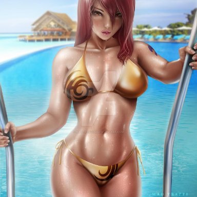 arm tattoo, blush, brown eyes, climbing, curvy, erza scarlet, fairy tail, gold bikini, long hair, madtraffi29, plump lips, pool, red hair, rosey cheeks, wet