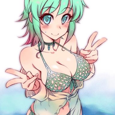 aqua eyes, bare shoulders, bikini, blush, breasts, choker, cleavage, collarbone, double v, dress shirt, female, fingernails, front-tie top, green hair, kusanagi tonbo