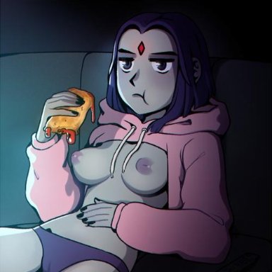 bored, breastless clothes, cameltoe, dc, eating, female, food, forehead jewel, grey skin, hoodie, hot pocket, medium breasts, nail polish, nipples, on couch