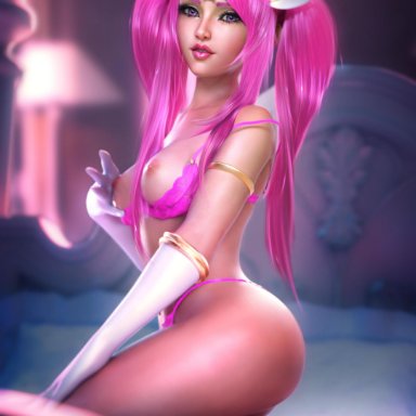 female, league of legends, luxanna crownguard, pink eyes, pink hair, sevenbees, star guardian lux, star guardian series