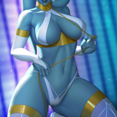 belly, blue skin, bocas top, collar, detached sleeves, gold chain, grey eyes, grownupjizz, high resolution, kneeling, large breasts, lip piercing, looking at viewer, original character, star wars