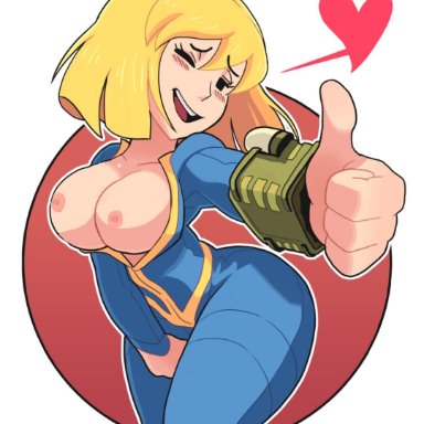1girls, areolae, big breasts, blonde hair, boob, breasts, clothed, clothes, clothing, cute, edit, fallout, female, female only, fingering