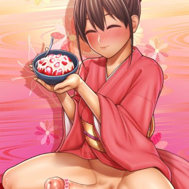 1futa, balls, big penis, blush, breasts, brown hair, censored, clothed, clothing, cum, cum on food, cumdrip, daisy mitsumata, erection, female