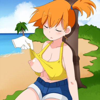 1girl, aaa (nisetsuru), alternate breast size, areolae, beach, blush, breasts, cloud, creatures (company), day, erect nipples, eyes closed, game freak, kasumi (pokemon), large breasts