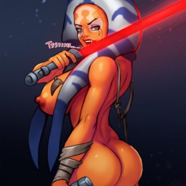 1girls, alien, amber eyes, ashara zavros, ass, bubble butt, facial markings, fangs, female, female only, half-closed eyes, hissing, holding object, holding sword, holding weapon