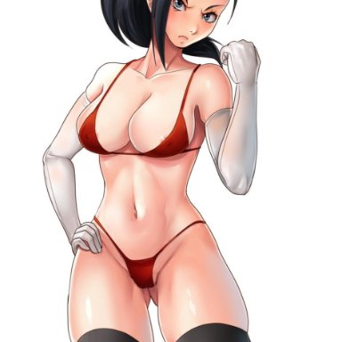 1girls, arm gloves, bangs, bare shoulders, big breasts, bikini, black hair, blue eyes, breasts, cleavage, clenched fist, clenched hand, detached sleeves, erect nipples, female
