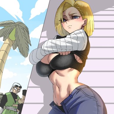 2boys, 2girls, android 18, big breasts, black eyes, black hair, blonde hair, blue eyes, blush, bodysuit, bra, breasts, cleavage, clothing, dragon ball