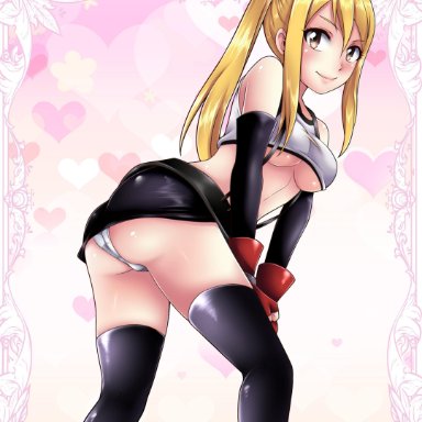 big ass, blonde hair, breasts, brown eyes, cosplay, cute, fairy tail, king cat art, lucy heartfilia, miniskirt, ponytail, small panties, smile, stockings, thighhighs