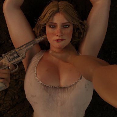 3d, biting lip, blonde hair, blue eyes, cleavage, emberstock, gun to head, karen jones, large breasts, red dead redemption 2, smirk