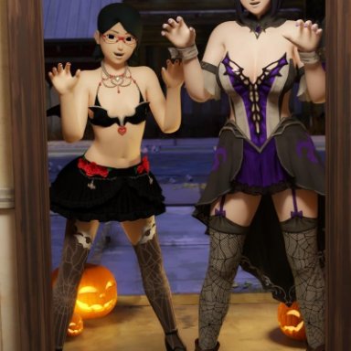 2girls, 3d, abs, age difference, black eyes, black hair, blue hair, bob cut, boots, boruto: naruto next generations, bra, bracelets, breast size difference, breasts, cleavage