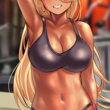 1girls, absurdres, arm behind head, blonde hair, breasts, cleavage, dark skin, dark-skinned female, earrings, exercise machine, eyebrows visible through hair, eyes visible through hair, female, female only, focused