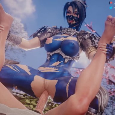 1boy, 1girls, 3d, amazon position, anal, anal penetration, anal sex, animated, areolae, blue bodysuit, bodysuit, bouncing breasts, bouquetman, bwc, cherry blossoms