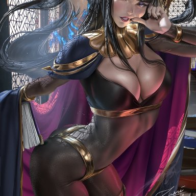 1girls, big breasts, black hair, bodystocking, book, cape, cleavage, detailed background, eyeshadow, fire emblem, fire emblem: awakening, lipstick, makeup, nintendo, purple eyes