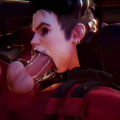 1girl, ass, bald, black hair, black lipstick, bodysuit, breasts, brown eyes, bwc, deadpool, deadpool (film), deepthroat, earrings, ellie phimister, eyeshadow