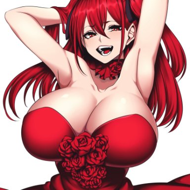 armpits, arms behind head, arms up, big breasts, camui kamui, cute, dress, huge breasts, large breasts, long hair, open mouth, red dress, red eyes, red hair, thick