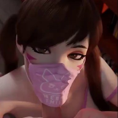 3d, animated, blender, blowjob, brown hair, colored nails, d.va, green eyes, hair over one eye, hana song, idol, korean, looking at viewer, makeup, mask