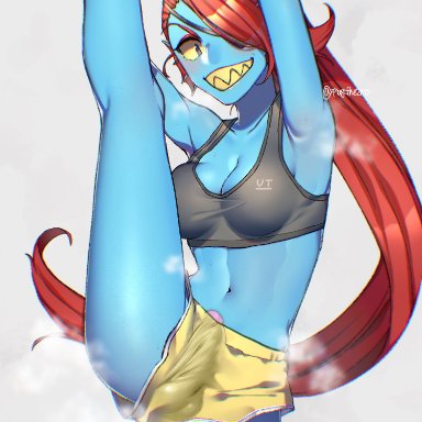 1futa, alternate version available, armpits, arms up, belly, belly button, blue skin, breasts, bulge, cleavage, clothed, clothing, edit, exposed penis, eyepatch
