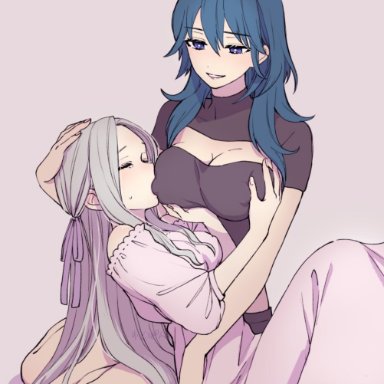 2020, artist name, bare arms, blue eyes, blue hair, bow, breast grab, breast sucking, breast sucking through clothes, breasts, byleth (female), byleth (fire emblem), cleavage cutout, closed eyes, clothed