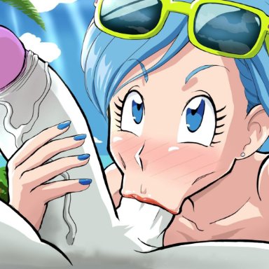 alien, alien penis, ball sucking, blue hair, bulma briefs, darm engine, dragon ball, dragon ball super, fellatio, frieza, milf, sucking testicles