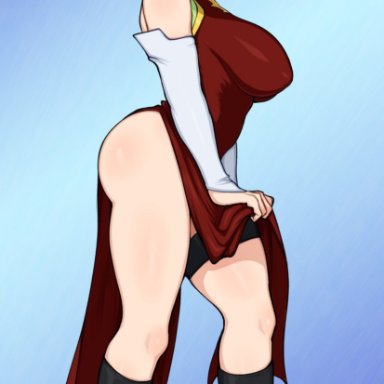 1girls, afrobull, big ass, big breasts, blonde hair, blue background, blush, blushing, clothed, clothed female, costume, covered eye, dress, ear piercing, earrings