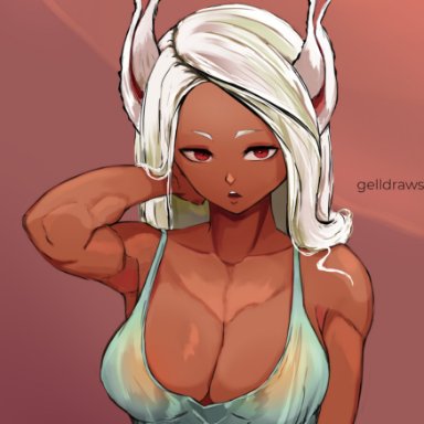 1girls, animal ears, arm behind head, bangs, big breasts, breasts, bunny ears, cleavage, clothing, dark skin, dark-skinned female, female, female only, gelldraws, long hair