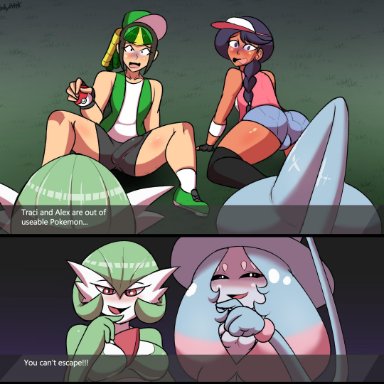 alex (bodyattk), bike shorts, black hair, blush, bodyattk, bulge, femboy, gardevoir, girly, green hair, hatterene, imminent rape, nintendo, penis outline, pokemon