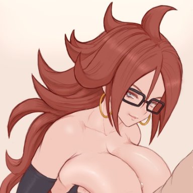 1boy, android 21, android 21 (human), black-framed eyewear, blue eyes, breast squeeze, breasts, brown hair, collarbone, cum, cum on body, cum on breasts, deep skin, detached sleeves, dragon ball
