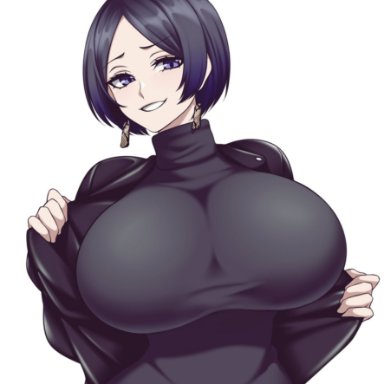 big breasts, black hair, camui kamui, cute, dark hair, gigantic breasts, happy, huge breasts, large breasts, purple eyes, round breasts, short hair, smile, sweater, thin