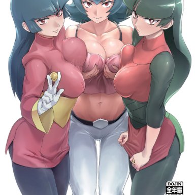 3girls, breast squeeze, cover page, doujin cover, doujinshi, female only, hirokanekure, human, large breasts, long hair, looking at viewer, multiple persona, nintendo, pokemon, pokemon frlg