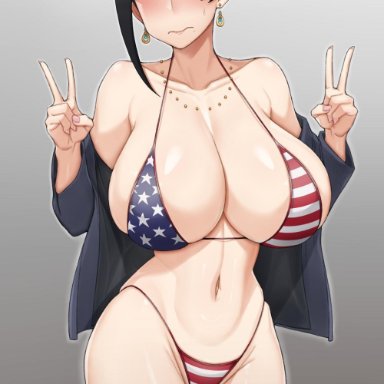 1girls, american flag bikini, asymmetrical hair, bare shoulders, bijin onna joushi takizawa-san, bikini, black hair, blazer, blush, breasts, brown eyes, clavicle, cowboy shot, curvy, double v