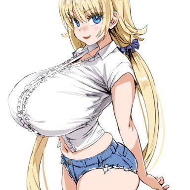 animated, asanagi, blinking, blonde hair, blouse, blue eyes, blush, bouncing breasts, curvy, female, huge breasts, long hair, original character, shorts, sideboob