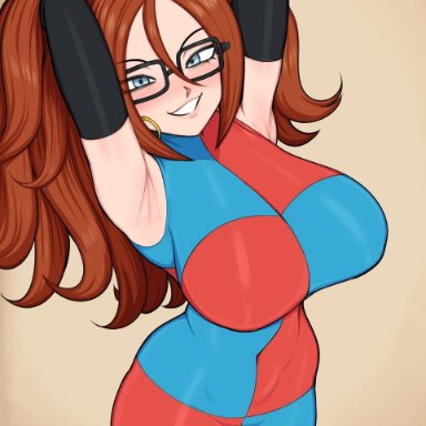 1futa, afrobull, android 21, android 21 (human), arms behind head, big breasts, breasts, clothed, clothing, dragon ball, dragon ball fighterz, dragon ball z, elbow gloves, futa only, futanari