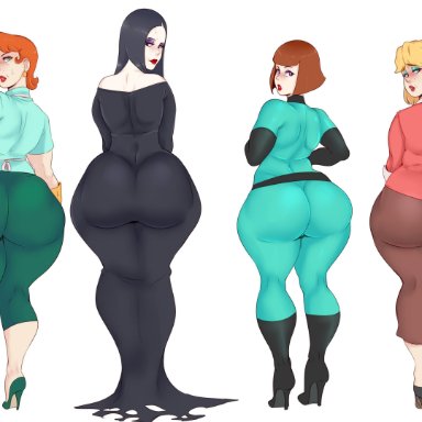 4girls, addams family, ass, danny phantom, dexter's laboratory, dexter's mom, female, female only, huge ass, looking at viewer, looking back, madeline fenton, mature, mature female, milf