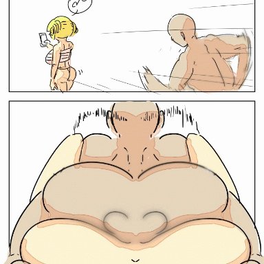 1boy, 1girls, animated, anus, ass, bare shoulders, blonde hair, breasts, cellphone, comic, curvaceous, drill hair, female, fundoshi, hetero