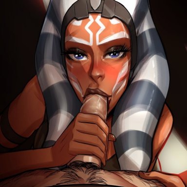 1boy, 1girls, ahsoka tano, alien, alien girl, blowjob, blue eyes, cherry-gig, clone wars, cum in throat, fellatio, handjob, hands, orange skin, penis