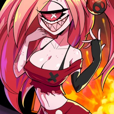 1girls, bare shoulders, big hair, blonde hair, bomb, bra strap, breasts, cherri bomb, cleavage, clothed, crop top, cyclops, demon, demon girl, dirtyero(artist)