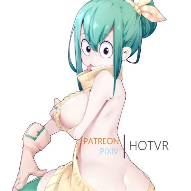 :p, 1girls, arm under breasts, ass, backless, backless outfit, bangs, big breasts, big eyes, black eyes, female, female only, gloves, green hair, hotvr