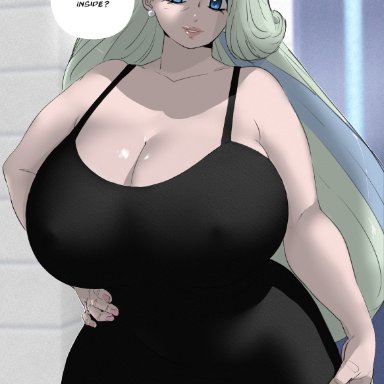 bbw, black dress, blue eyes, cleavage, cocktail dress, curvy, dress, earrings, female, female only, green hair, hand on hip, huge breasts, looking at viewer, mature female