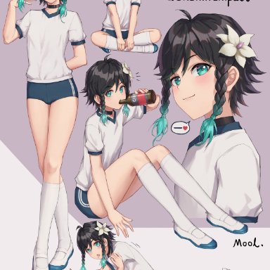 1boy, alcohol, aqua eyes, aqua hair, blush, braids, bulge, buruma, choker, drink, drinking, feet, femboy, flexible, genshin impact